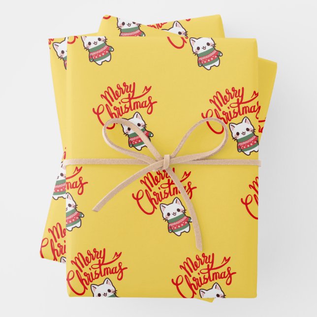 Cute Christmas Kawaii Kitten on Yellow Background Wrapping Paper Sheets (In situ)