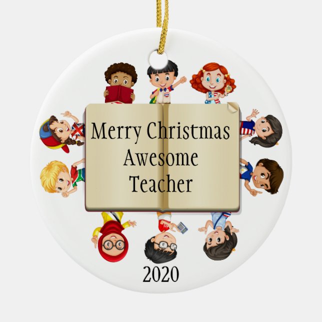 Cute Christmas Kids Cartoon on Book for Teachers Ceramic Ornament (Front)