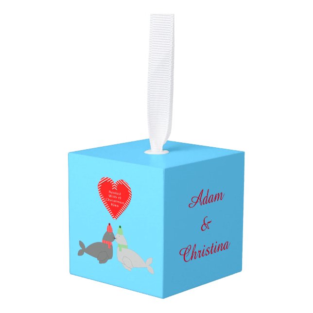 Cute Christmas Kissing Seals Cube Ornament (Front Angled)