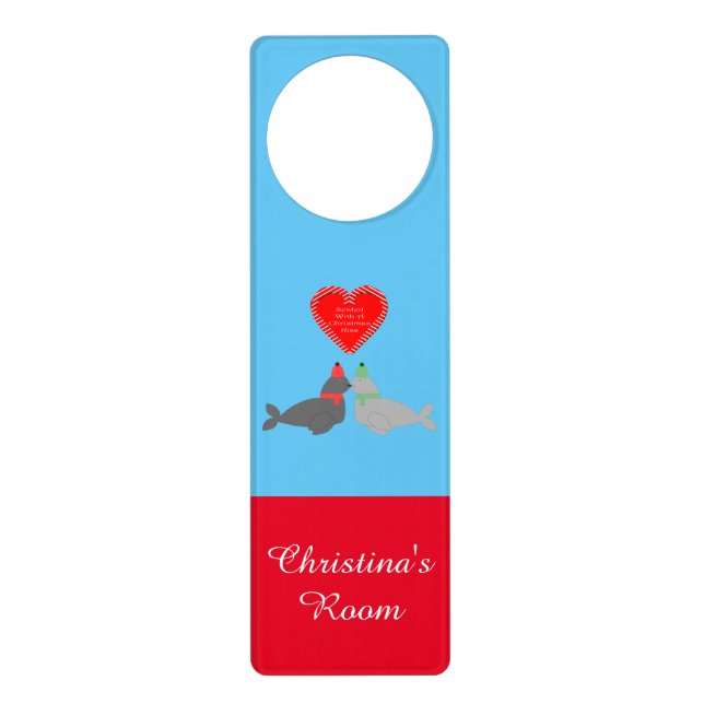 Cute Christmas Kissing Seals Custom Door Hanger (Front)
