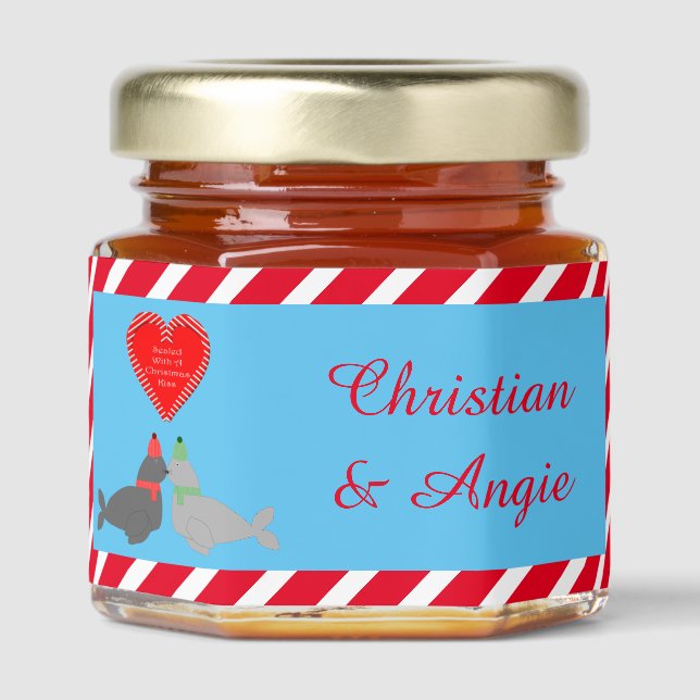 Cute Christmas Kissing Seals Custom Wedding Honey Jar Favors (Front)