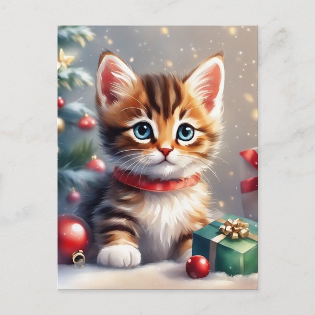 Cute Christmas Kitten Blank Christmas Holiday Postcard (Front)