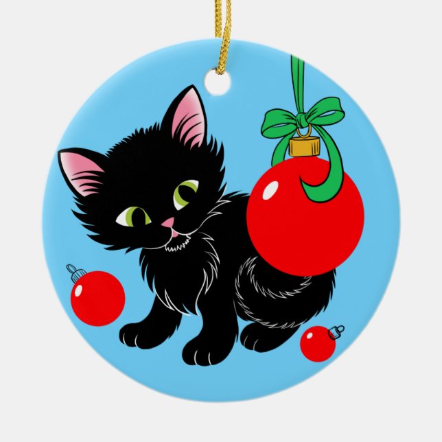 Cute Christmas Kitten Ceramic Ornament (Front)