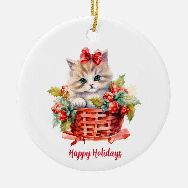 Cute Christmas Kitten in a Basket Ceramic Ornament (Front)