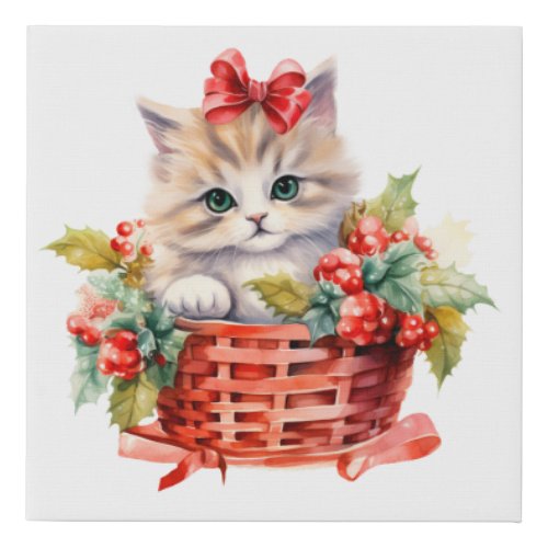 Cute Christmas Kitten in a Basket Faux Canvas Print