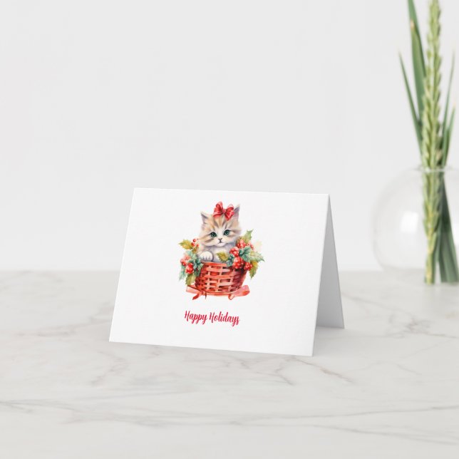 Cute Christmas Kitten in a Basket Greeting Card (Front)
