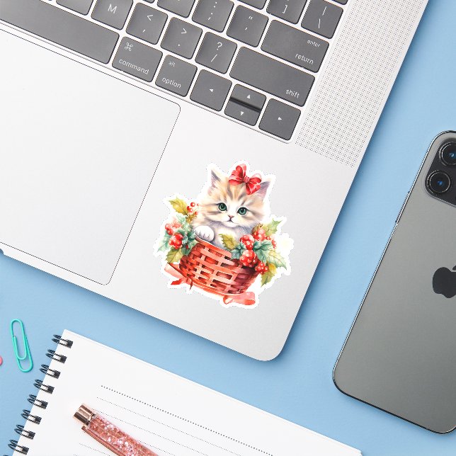 Cute Christmas Kitten in a Basket Laptop Sticker (Laptop w/ iPhone)