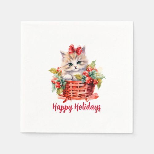 Cute Christmas Kitten in a Basket Napkins