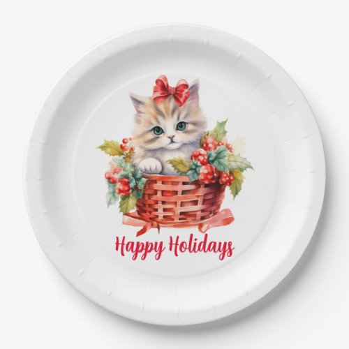 Cute Christmas Kitten in a Basket Paper Plates