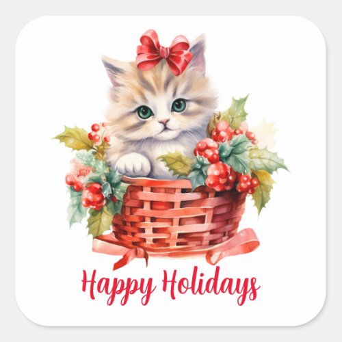 Cute Christmas Kitten in a Basket Square Sticker