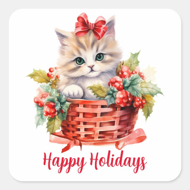 Cute Christmas Kitten in a Basket Square Sticker (Front)