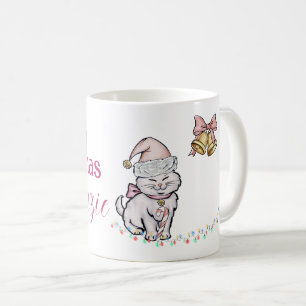 Cute Christmas Kitten in a Santa Hat Custom Name Coffee Mug