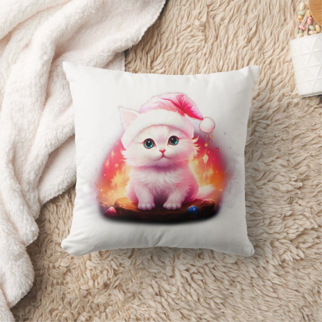 Cute Christmas Kitten in Santa Hat Throw Pillow (Blanket)