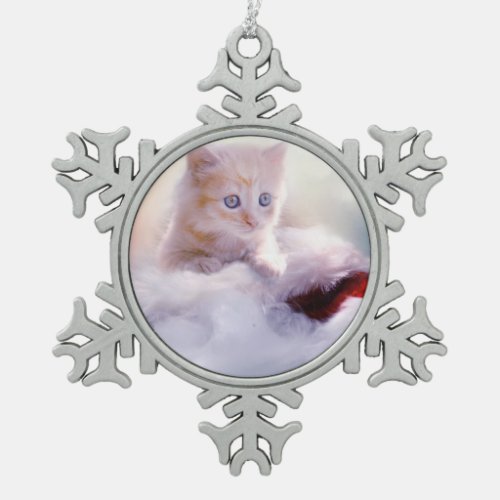 Cute Christmas Kitten Photograph Snowflake Pewter Christmas Ornament