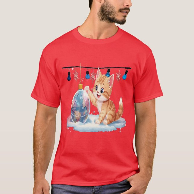Cute Christmas Kitten Playing with Ornament  T-Shirt (Front)