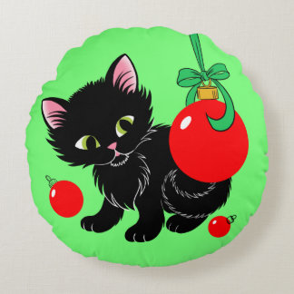 Cute Christmas Kitten Round Pillow