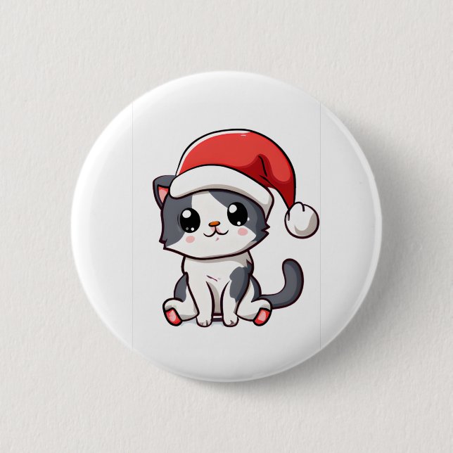 Cute Christmas kitten wearing Santa hat   Button (Front)