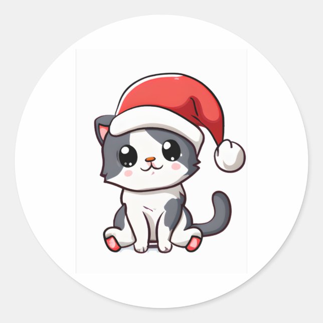 Cute Christmas kitten wearing Santa hat   Classic Round Sticker (Front)