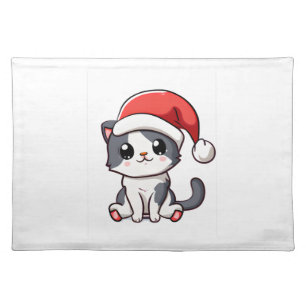 Cute Christmas kitten wearing Santa hat   Cloth Placemat