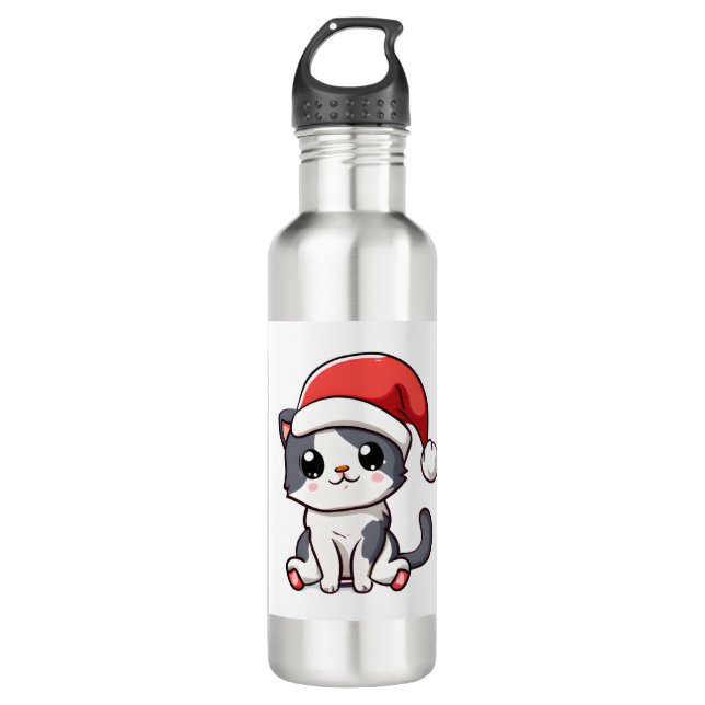 Cute Christmas kitten wearing Santa hat   Stainless Steel Water Bottle (Front)