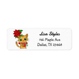 Cute Christmas Kitten with Poinsettia Label