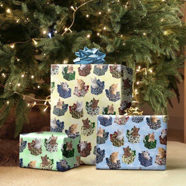 Cute Christmas Kittens in Gift Boxes Wrapping Paper Sheets (Creator Uploaded)