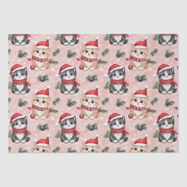 Cute Christmas Kittens on Pink Tissue Paper (Front)