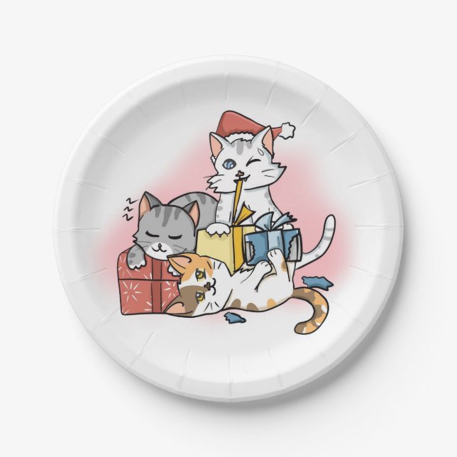 Cute Christmas Kittens playing with Gifts Cartoon Paper Plates (Front)