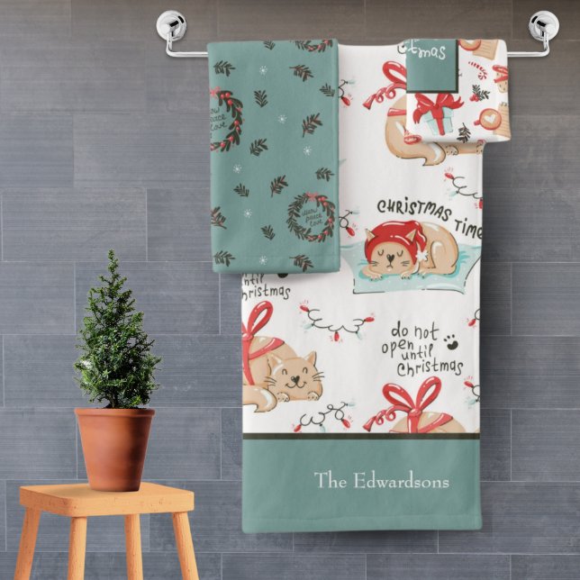 Cute Christmas Kitty Cat Pattern Teal and White Bath Towel Set (Creator Uploaded)