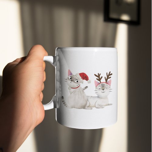Cute Christmas Kitty Cat Santa Hat  Antlers Coffee Mug
