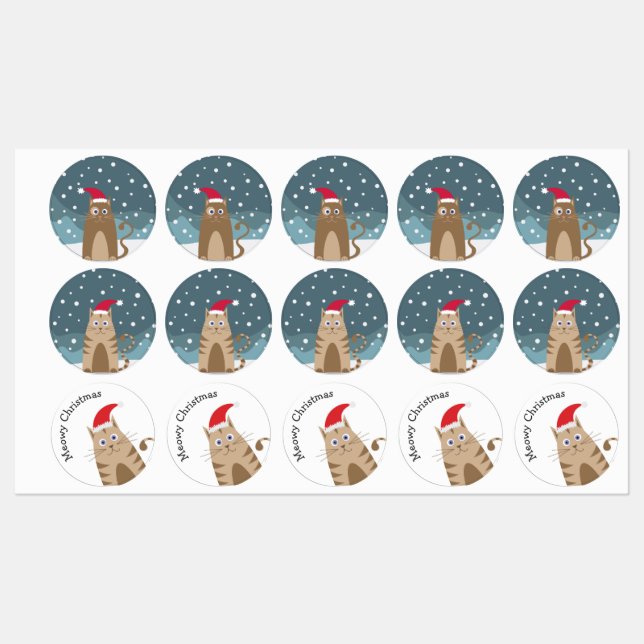 Cute christmas kitty, funny cat wears santa hat labels (Sheet)