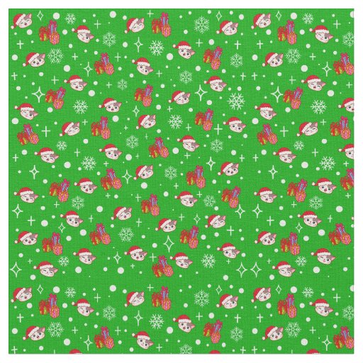 Cute Christmas Kitty Green Holiday Fabric