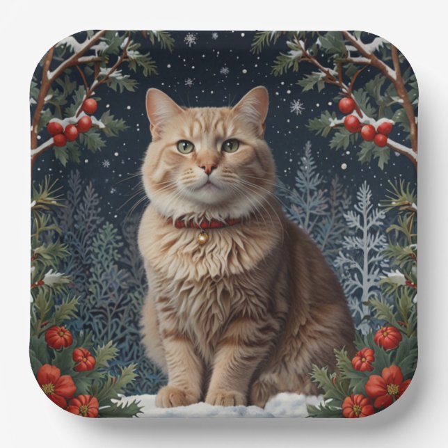 Cute Christmas kitty winter holiday greenery  Paper Plates (Front)
