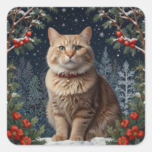 Cute Christmas kitty winter holiday greenery Square Sticker