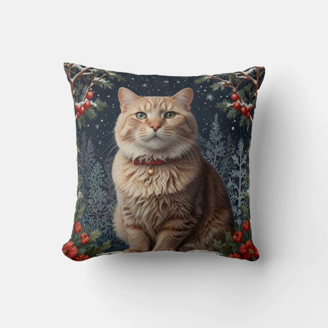 Cute Christmas kitty winter holiday greenery  Throw Pillow (Front)