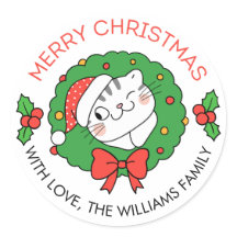 Cute Christmas Label Stickers with cat and wreath