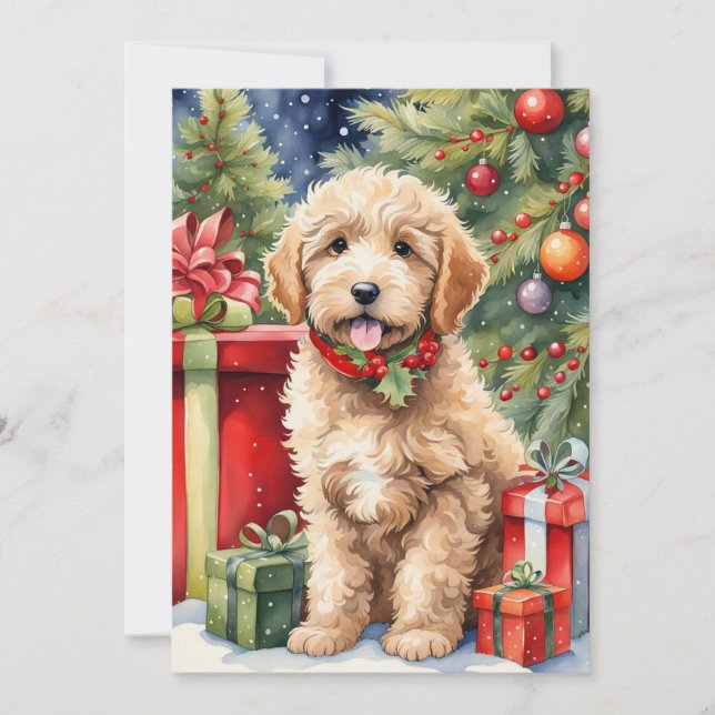 Cute Christmas Labradoodle Puppy with Gifts Holiday Card (Front)