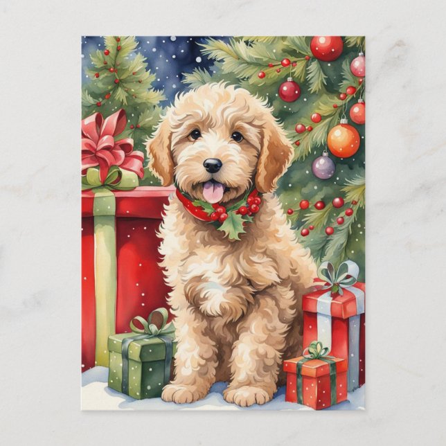 Cute Christmas Labradoodle Puppy with Gifts Holiday Postcard (Front)