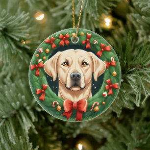 Cute Christmas Labrador Dog Wreath Festive  Ceramic Ornament