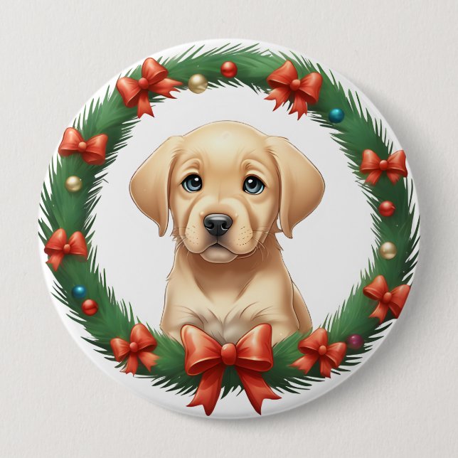 Cute Christmas Labrador Pup Wreath Festive  Button (Front)