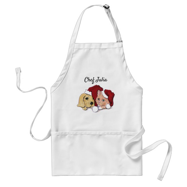 Cute Christmas Labrador Puppy and Orange Tabby Adult Apron (Front)
