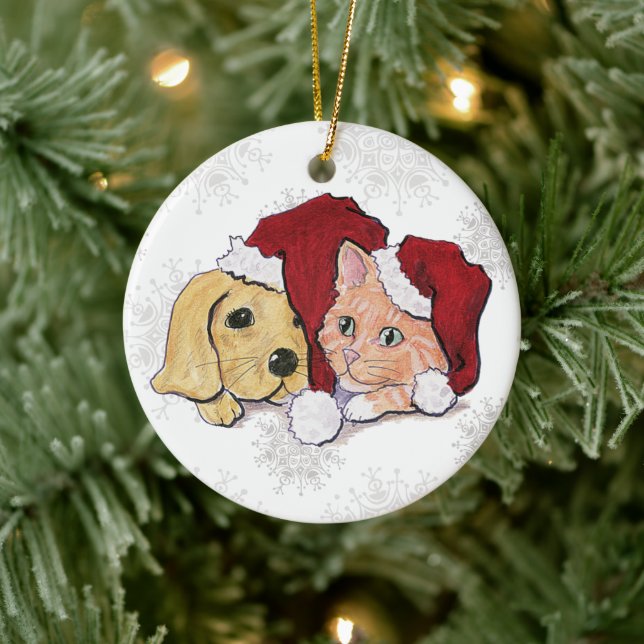 Cute Christmas Labrador Puppy and Orange Tabby Ceramic Ornament (Tree)
