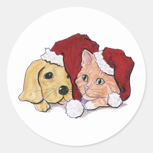 Cute Christmas Labrador Puppy and Orange Tabby Classic Round Sticker