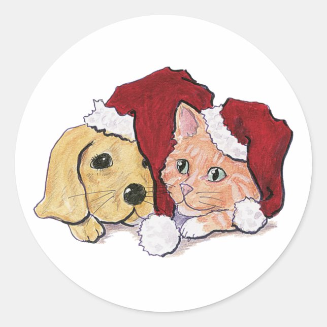 Cute Christmas Labrador Puppy and Orange Tabby Classic Round Sticker (Front)