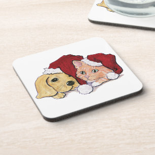 Cute Christmas Labrador Puppy and Orange Tabby Drink Coaster