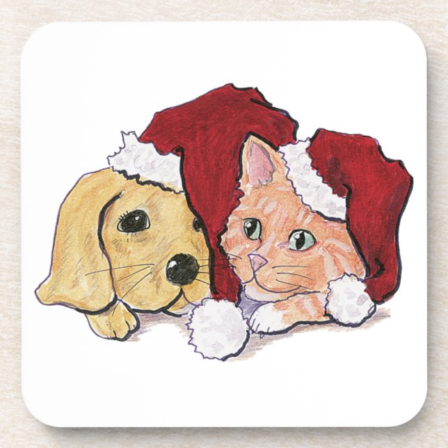 Cute Christmas Labrador Puppy and Orange Tabby Drink Coaster (Front)