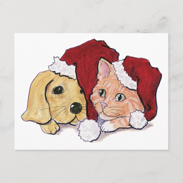Cute Christmas Labrador Puppy and Orange Tabby Holiday Postcard (Front)
