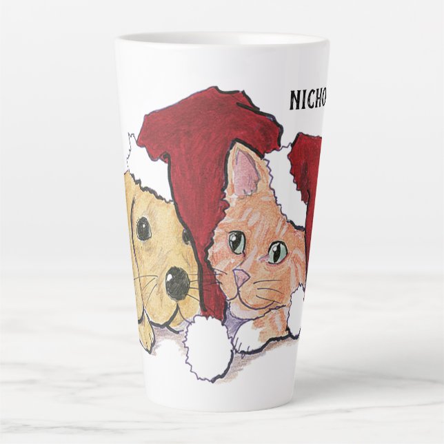 Cute Christmas Labrador Puppy and Orange Tabby Latte Mug (Front)