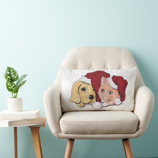 Cute Christmas Labrador Puppy and Orange Tabby Lumbar Pillow (Chair)
