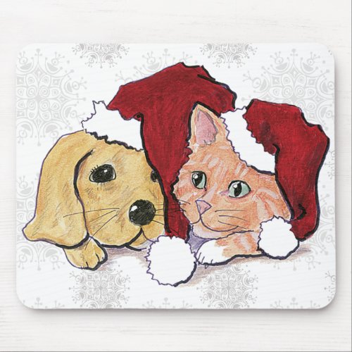 Cute Christmas Labrador Puppy and Orange Tabby Mouse Pad